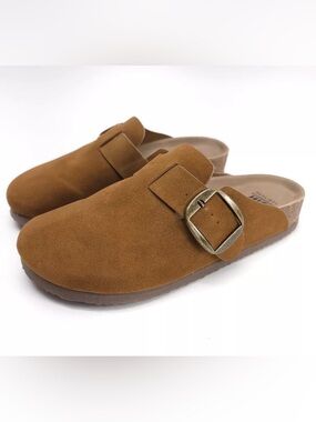 SM New York Suede Mule Slides in Camel Brown with Antiqued Gold Buckle